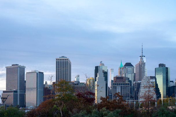 Financial district skyline of downtown New York City, Modern buildings over trees - Photo, Image