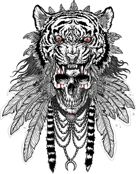 crâne de chaman dans un masque rituel effrayant de tigre - Vecteur, image