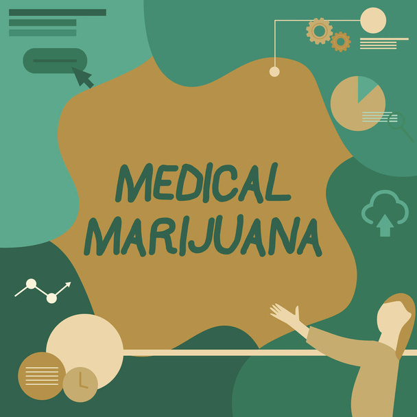 Sign displaying Medical Marijuana. Concept meaning recommended by examining as treatment of a medical condition Lady Drawing Standing Holding Projector Remote Control Presenting Pie Charts - Φωτογραφία, εικόνα