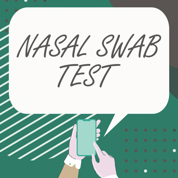 概念表示Nasal Swab Test 。鼻分泌による上気道感染症を診断する概念写真モバイルドローイング共有肯定的なコメントと良いスピーチバブル - 写真・画像