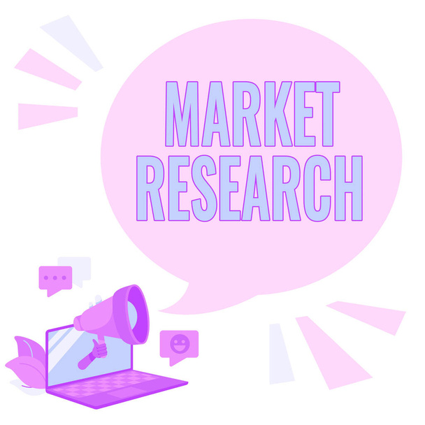 Conceptual display Market Research. Business approach The acttion of gathering information about consumers Laptop Drawing Sharing Comments And Reactions At Chat Cloud Over Megaphone. - Photo, Image