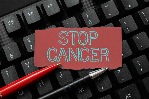 手書きのテキスト｜Stop Cancer。がんの罹患率を減らすための積極的な対策を講じることを実践する上で書かれた言葉画像の説明とキーワードを入力し、新しいインターネットウェブサイトに入る - 写真・画像