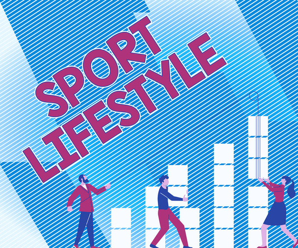 Концептуальная подпись Sport Lifestyle. Слово, написанное о спорте или занятиях на свежем воздухе Физически активная иллюстрация партнеров, выстраивающих новые замечательные идеи для совершенствования навыков. - Фото, изображение