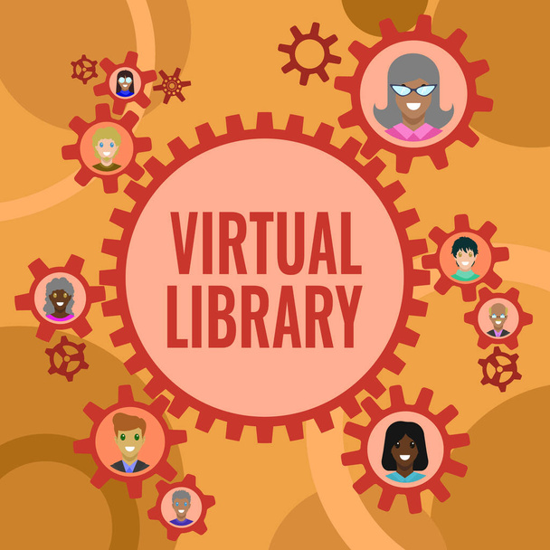Exibição conceitual Biblioteca Virtual. Conceito de Internet Biblioteca Virtual Colegas apresentadas dentro Cogwheels mostrando definição de trabalho em equipe - Foto, Imagem