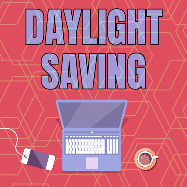 Text caption presenting Daylight Saving. Business overview Storage technologies that can be used to protect data Laptop Resting On A Table Beside Coffee Mug And Plant Showing Work Process. - Photo, Image