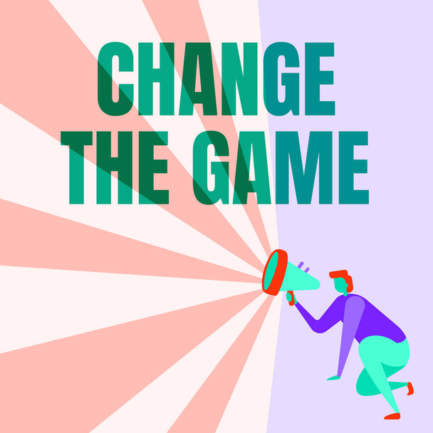 Inspiration showing sign Change The Game. Word Written on Make a movement do something different new strategies Illustration Of A Person Kneeling Using Megaphone Making New Announcement. - Photo, Image