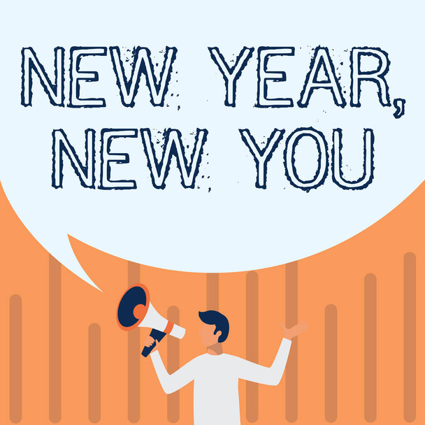 Κείμενο λεζάντα παρουσιάζοντας το Νέο Έτος Νέο σας. Business concept 365 ημέρες ευκαιριών για να αλλάξετε τις προσδοκίες σας Man Drawing Holding Megaphone With Big Speech Bubble Μήνυμα Προβολής. - Φωτογραφία, εικόνα