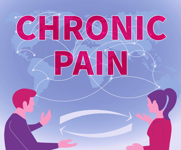 Text caption presenting Chronic Pain. Concept meaning Pain that extends beyond the expected period of healing Two Teammates Discussing New Ideas World Map Brainstorming New Solutions. - Photo, Image