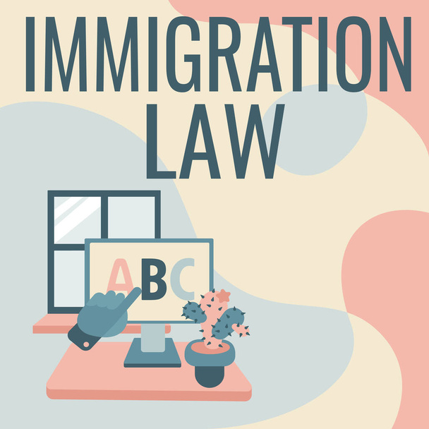 Inspiráció a bevándorlási törvény jeleit mutatja. Üzleti megközelítés Egy állampolgár kivándorlása jogszerű az utazás során Kézi megjelenítő levelek rámutatva Web böngésző képernyő Kaktusz az oldalon. - Fotó, kép