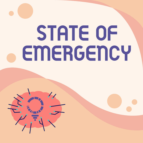 Text sign showing State Of Emergency. Word Written on acknowledging an extreme condition affecting at a national level Light Bulb Drawing With Multiple Lines Beside Empty Write Space. - Photo, Image
