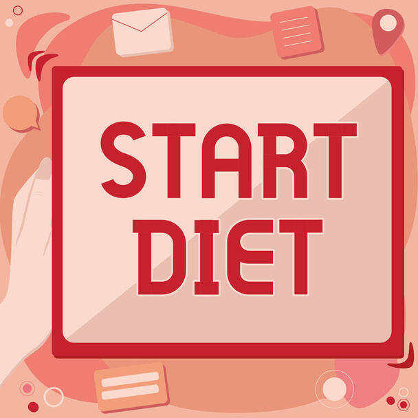 Inspiración mostrando signo Start Diet. Foto conceptual curso especial comida a la que la persona se restringe Resumen Eliminar el historial del navegador, la edición de la organización de archivos en línea. - Foto, imagen
