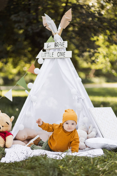 Adorable boy sitting in wigwam with colorful toys outdoors - Photo, Image