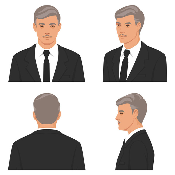 Gesicht in Vorder- und Seitenansicht, alter Mann Vorne, Seite, Rückseite, Ansicht animierte Geschäftsmannfigur. Flache Vektorabbildung. - Vektor, Bild