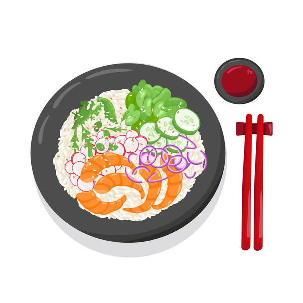 Camarones poke bowl ilustración cocina hawaiana. Ilustración de stock vectorial aislada sobre fondo blanco para menú restaurante de comida rápida con comidas saludables, bio, orgánicas. EPS10 - Vector, imagen