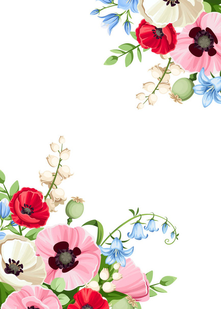Tarjeta vectorial con flores rojas, rosadas, blancas y azules de amapola, bluebell y lirio del valle. Diseño de tarjetas de felicitación o invitación - Vector, imagen
