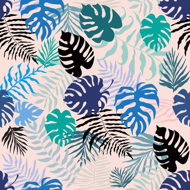Beautiful  seamless pattern tropical palm tree  leaves, monstera, hibiscus, philodendron, exotic flants, flowers  For wall art, posters, textile, paper, fabric  Vector illustration   - ベクター画像