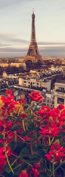 Balkon bloemen op de achtergrond van Parijs. 3D illustratie. Imitatie van olieverf. - Foto, afbeelding