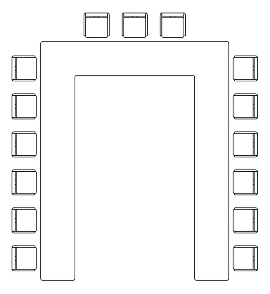 Dibujo gráfico de una mesa de reunión con sillas de arriba. Dibujo 2D en blanco y negro usando CAD. - Foto, imagen