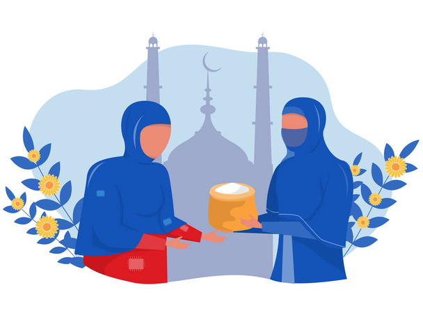 Zakat Ramadan, Zakat sadaqah concepto de donación en el Islam, musulmanes dando al pobre ilustrador de vectores planos - Vector, Imagen