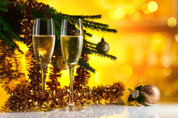  glasses with champagne and Christmas ornaments - Photo, Image