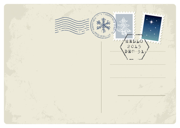 Carte postale du Nouvel An. Bonne année et Bonjour 2015 sur le timbre
. - Vecteur, image