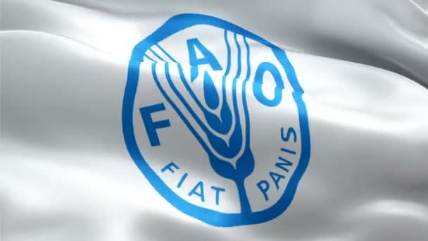 FAO-Logo. Das Logo der Nationalen Ernährungs- und Landwirtschaftsorganisation weht. Zeichen einer nahtlosen Animation der FAO. Flagge der Ernährungs- und Landwirtschaftsorganisation HD Hintergrund - New York, 4. Juli 2021 - Filmmaterial, Video