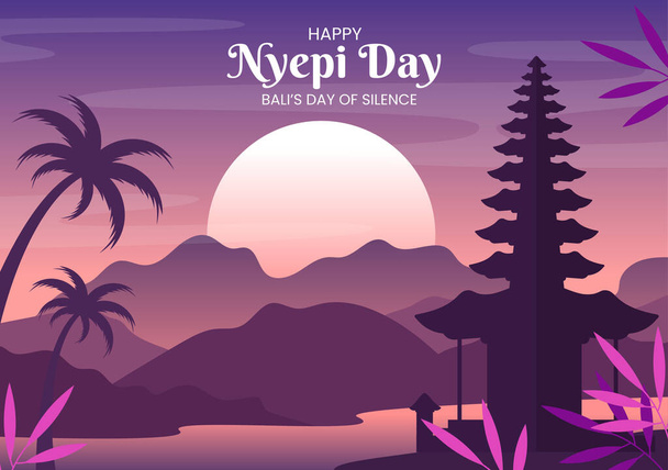 Happy Nyepi Day o Silenzio di Bali alle cerimonie indù sullo sfondo del Tempio o Pura Illustrazione Adatto per poster - Vettoriali, immagini