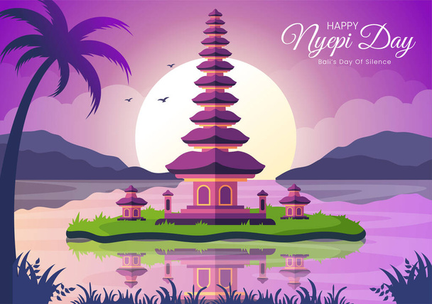 Feliz Día Nyepi o el Silencio de Bali a las Ceremonias Hindúes en el Fondo del Templo o Ilustración Pura Adecuado para Cartel - Vector, Imagen