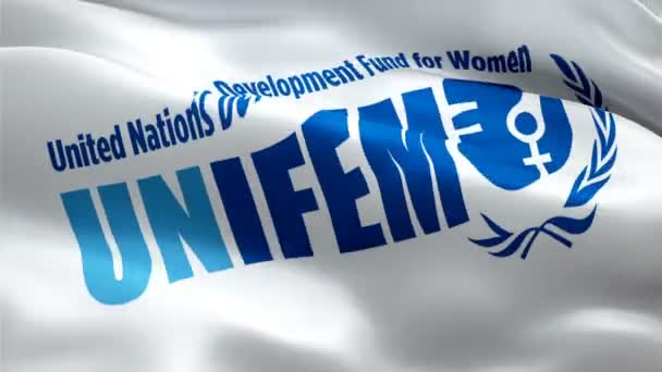 UNIFEM-logo. Nationaal 3d Ontwikkelingsfonds van de Verenigde Naties voor Vrouwen logo zwaaien. Teken van UNIFEM naadloze animatie. Ontwikkelingsfonds van de Verenigde Naties voor vrouwen vlag HD Achtergrond - New York, 4 juli 2021 - Video
