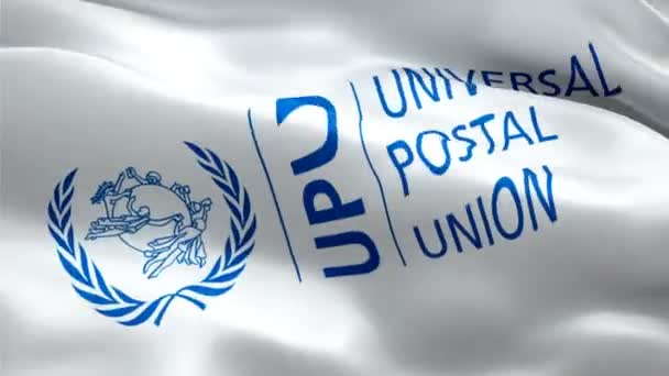UPU-logo. Nationaal 3d Universal Postal Union logo zwaaien. Teken van UPU naadloze animatie. Universal Postal Union vlag HD Achtergrond - New York, 4 juli 2021 - Video