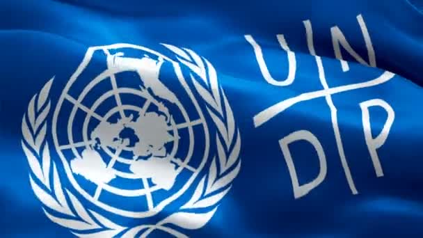 Logo del PNUD. Logo del Programa Nacional de las Naciones Unidas para el Desarrollo 3d ondeando. Signo de animación sin fisuras del PNUD. Información sobre HD del Programa de las Naciones Unidas para el Desarrollo - Nueva York, 4 de julio de 2021 - Metraje, vídeo