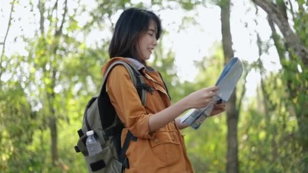 若いアジアの女性観光客は晴れた美しい夏に森の中を歩き、紙の地図をチェックし、休暇のライフスタイルを楽しむ. - 映像、動画