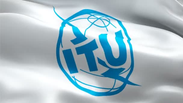 Logo der Internationalen Fernmeldeunion. Nationales 3D-ITU-Logo weht. Zeichen der Internationalen Fernmeldeunion nahtlose Animation. ITU Flagge HD Hintergrund - New York, 4. Juli 2021 - Filmmaterial, Video