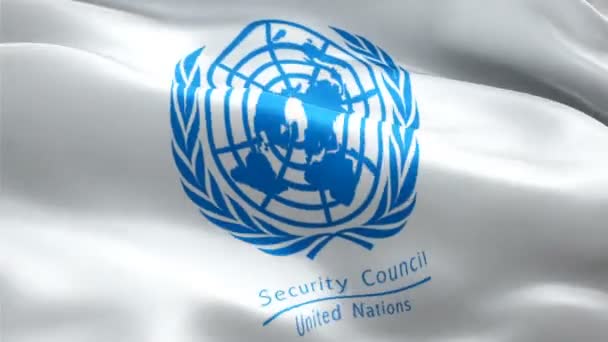 logo van de Veiligheidsraad van de Verenigde Naties. Nationaal 3d UNSC-logo zwaaiend. Teken van een naadloze animatie van de Veiligheidsraad van de Verenigde Naties. Achtergrond UNSC-vlag HD - New York, 4 juli 2021 - Video