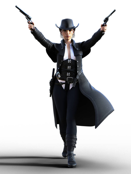 Western Woman in cappello nero e cappotto in pelle con pistole - Foto, immagini