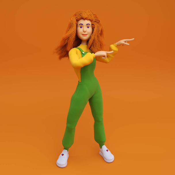 red-haired girl on an orange background points to - Photo, Image