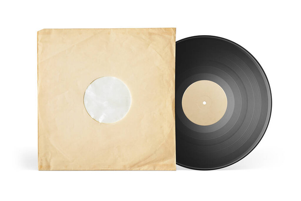 Aged yellow paper sleeve and vinyl LP record isolated on white background - Photo, Image