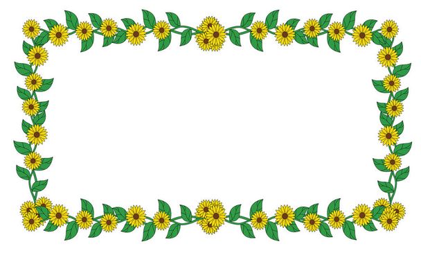 Hermoso marco de girasoles con hojas verdes y flores de luz amarilla diseño sobre fondo blanco. - Vector, imagen