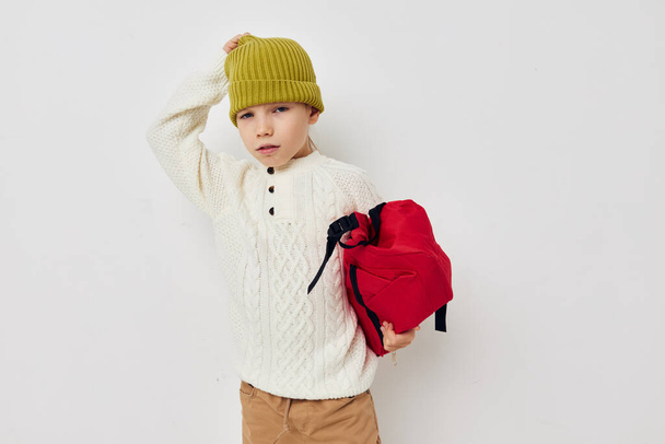 pretty young girl red backpack stylish clothes Lifestyle unaltered - Photo, Image