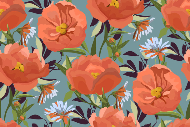 Vector floral seamless pattern. Orange and coral-colored flowers, leaves and herbs. - Vektori, kuva