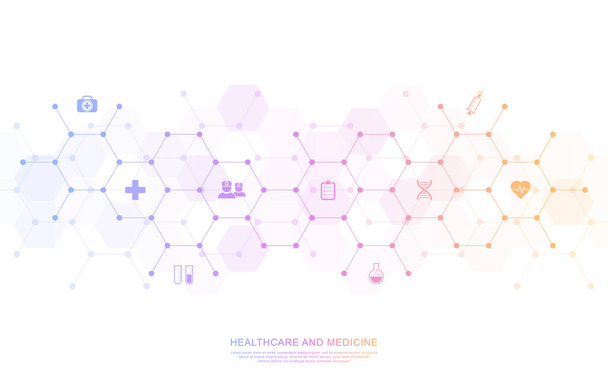 Medische achtergrond en gezondheidszorg technologie met platte pictogrammen en symbolen. Ontwerp template van concept en idee voor de gezondheidszorg bedrijf, innovatie geneeskunde, gezondheid veiligheid, wetenschap. Vectorillustratie - Vector, afbeelding