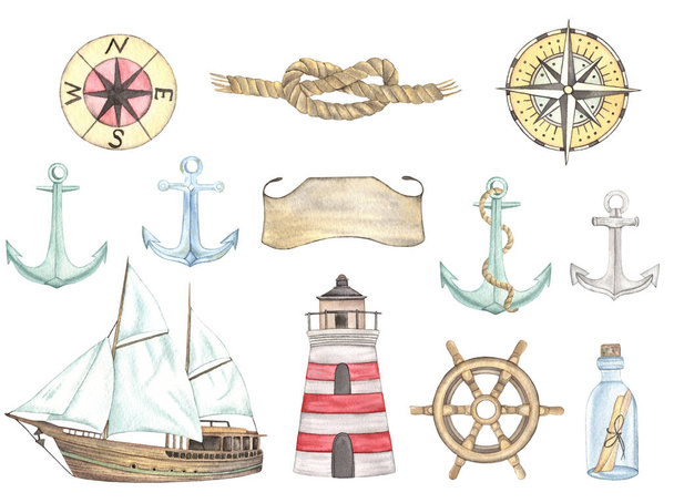 Aquarell Seefahrt Set mit Schiff, Ankern, Flasche und Leuchtturm - Foto, Bild