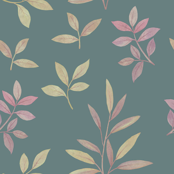 Seamless botanical pattern. Watercolor leaves drawn on paper and assembled into an ornament for design. - 写真・画像