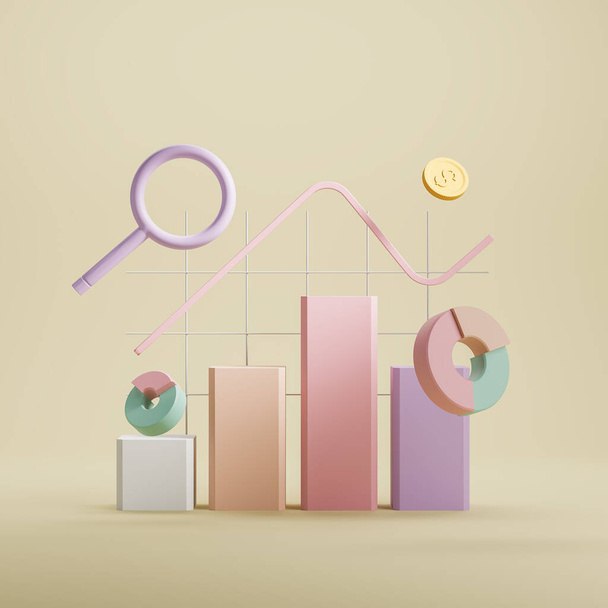 Bar chart with graphs and lines, colorful stock market icons. Concept of business and financial data. 3D rendering - Valokuva, kuva
