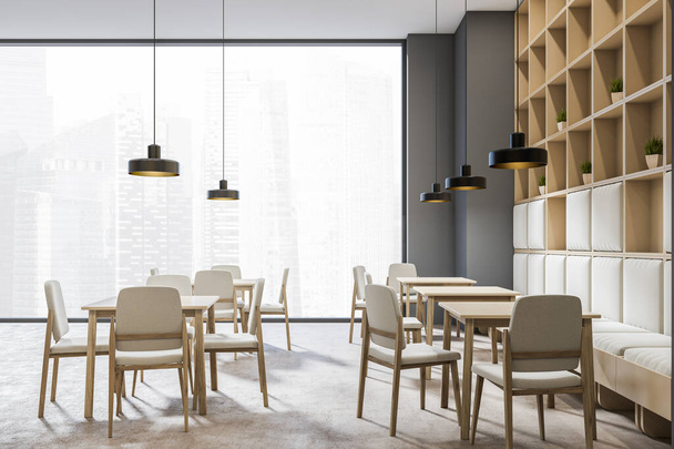 Side view on dark cafe interior with tables with chairs, panoramic window, grey wall and concrete floor. Concept of minimalist design. Space for creative idea. 3d rendering - Фото, зображення