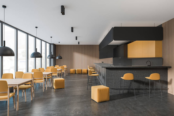 Dark cafe interior with panoramic window with town view, tables with chairs, bar counter with barstools, poufs and concrete floor. Concept of minimalist design. Space for creative idea. 3d rendering - Fotó, kép