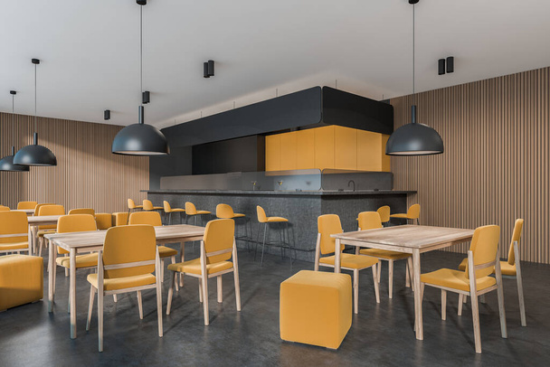 Blick aus der Ecke auf das dunkle Café-Interieur mit Tischen mit Stühlen, Theke, Hockern und Betonboden. Konzept des minimalistischen Designs. Raum für kreative Ideen. 3D-Darstellung - Foto, Bild