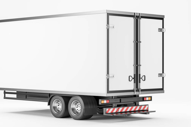 Side view of closed white truck, isolated over white background. Concept of shipment and delivery. Mock up copy space for text and logo, 3D rendering - Fotoğraf, Görsel