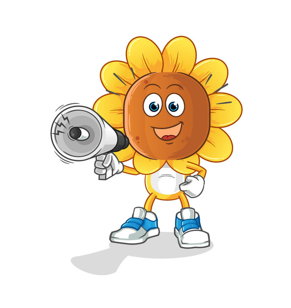 sunflower head cartoon holding hand loudspeakers vector. cartoon character - ベクター画像