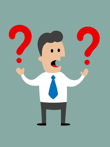 Businessman holding two question marks - Vector, Image